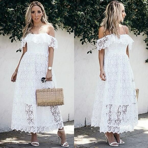 H&M White Lace Off The Shoulder Frill Sleeves A-Line Lined Midi Dress Size 4 - Picture 1 of 7